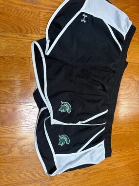 ☀️2 Under Armour Black and White Athletic Shorts with Green Spartan Emblem